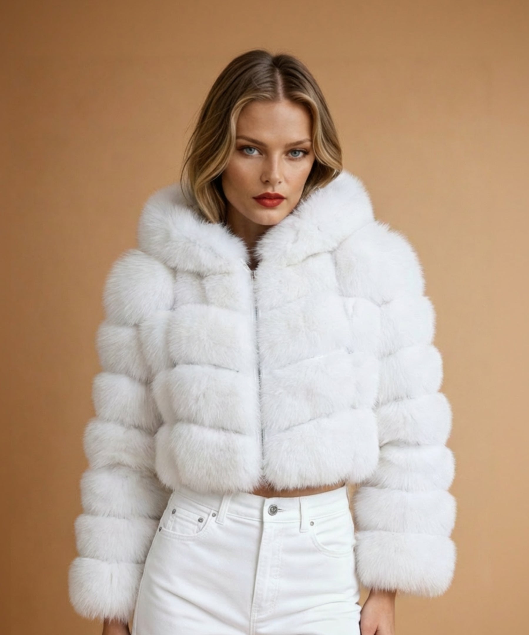 Hooded Cropped Fox Fur Coat — White