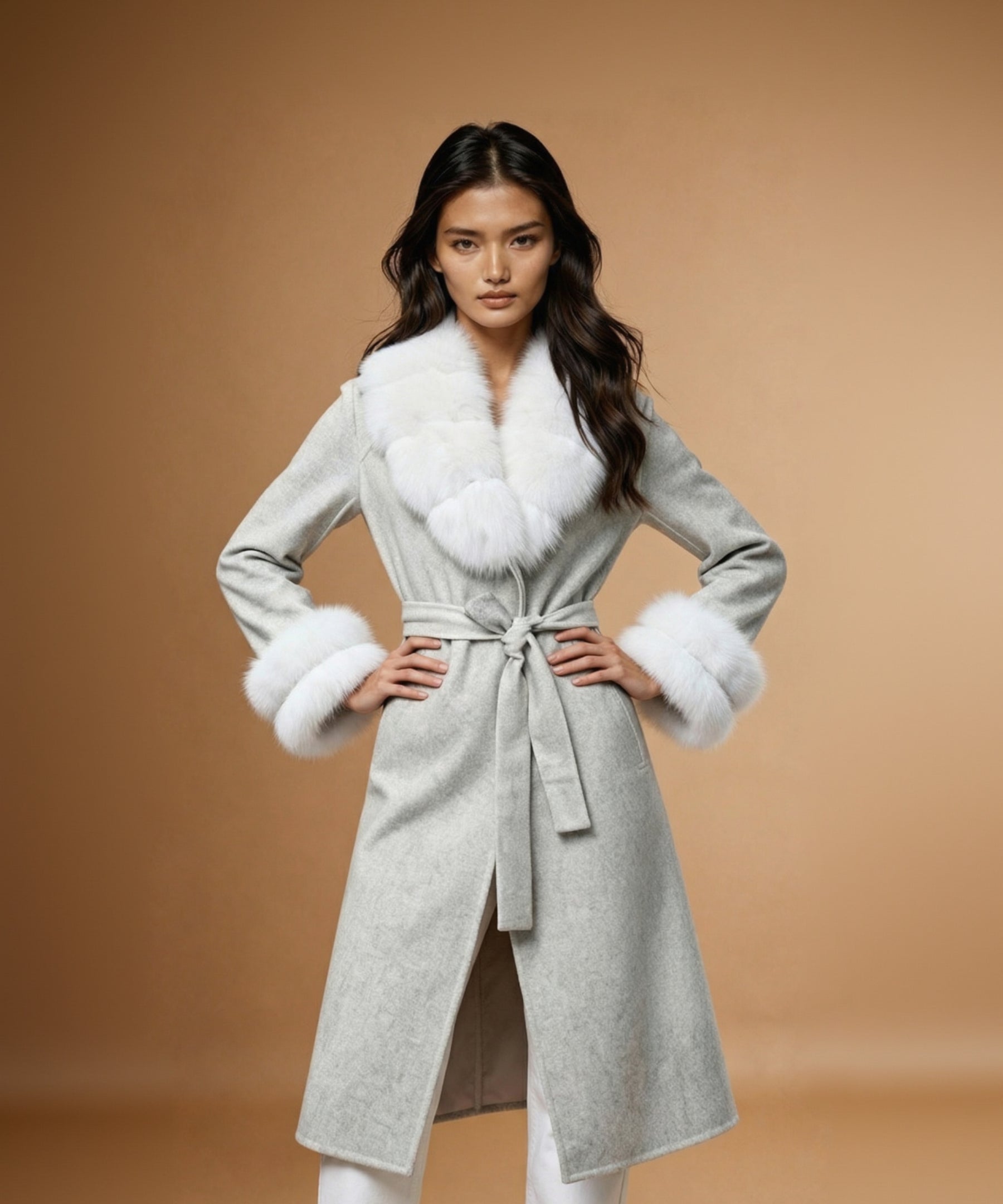 Alpaca Coat with Fox Fur Collar and Doubled Cuffed Belted White