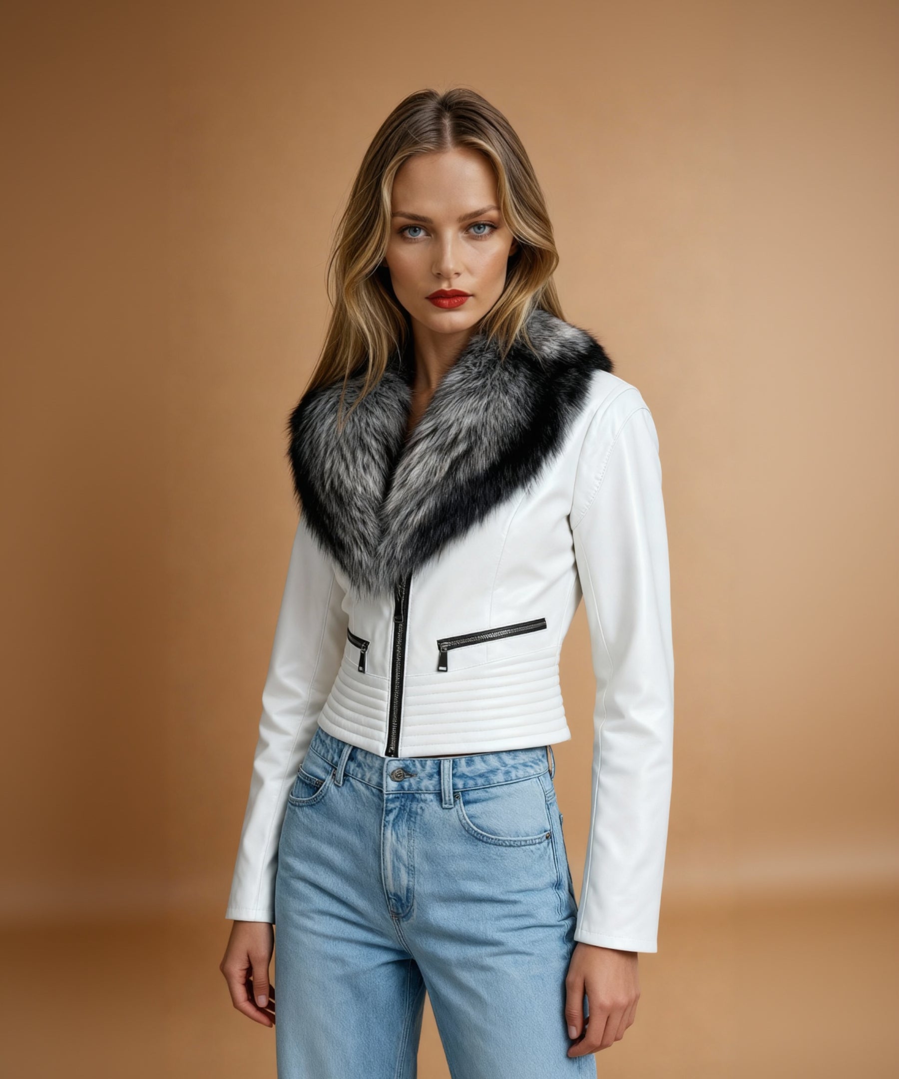 Leather Jacket with Fox Fur Collar White