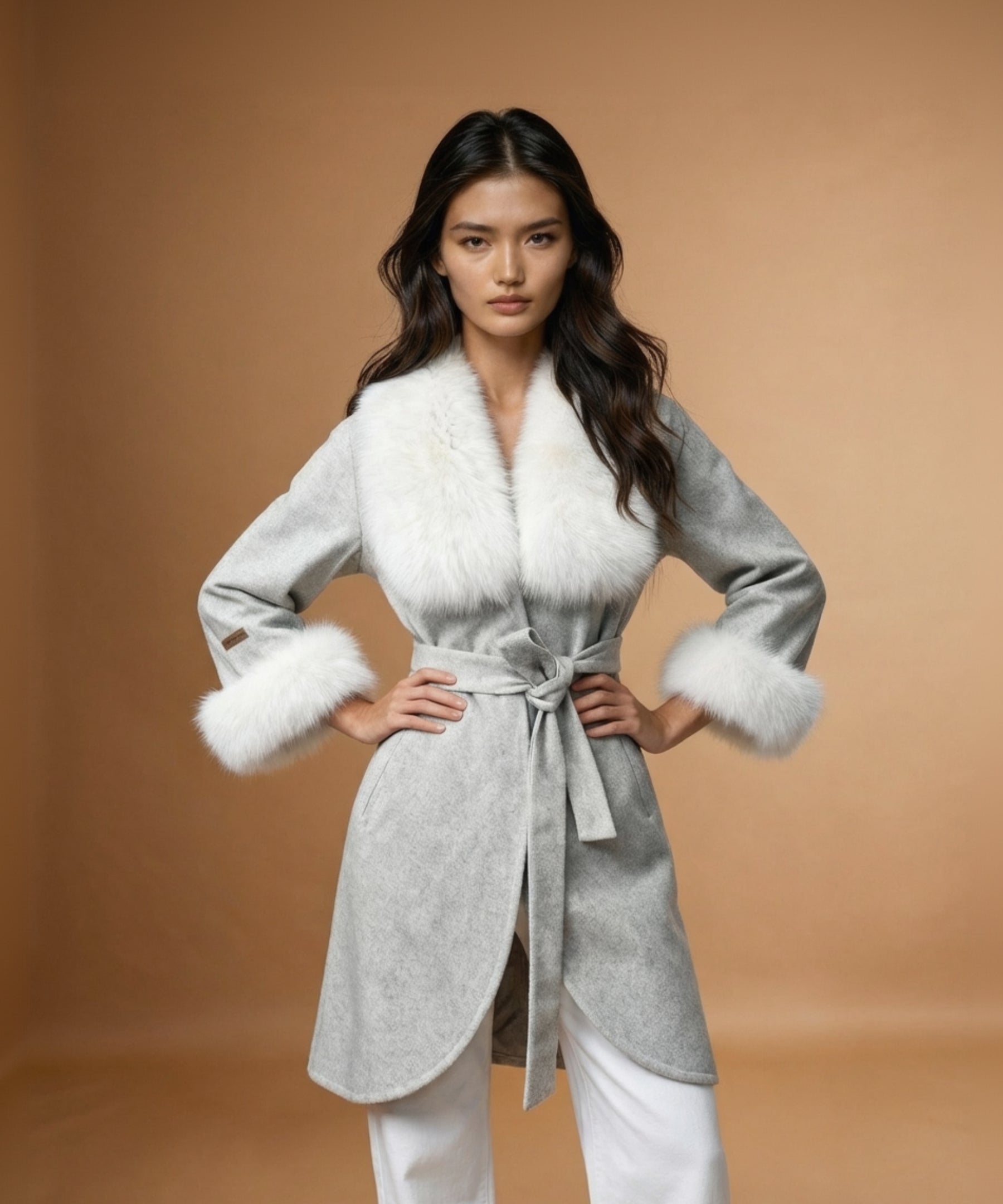 Alpaca Coat with Fox Fur Collar and Cuffs Belted White