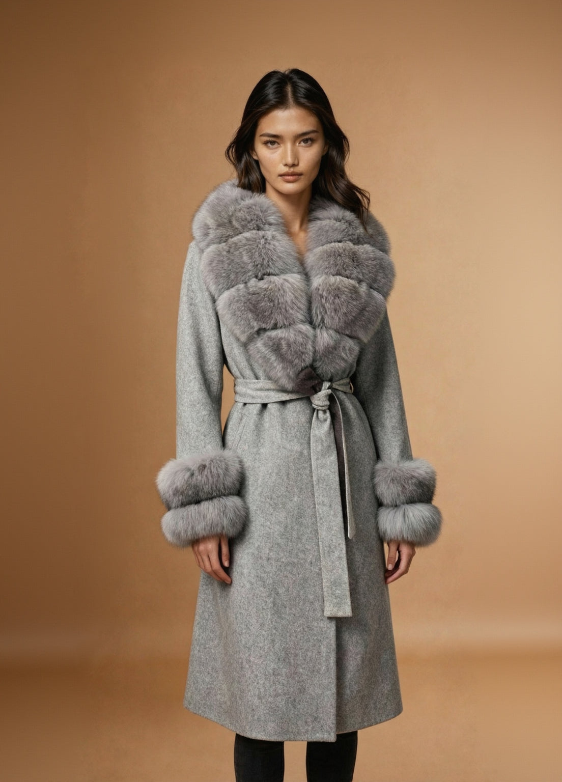 Alpaca Coat with Fox Fur Collar and Doubled Cuffed Belted Grey